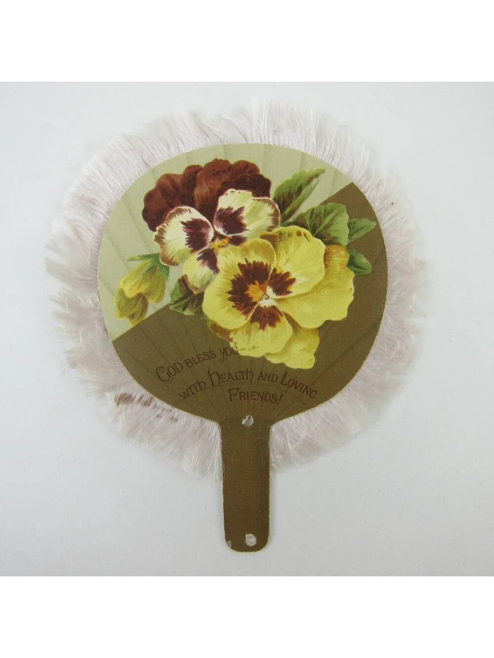 Victorian Greeting Card Hand Fan Yellow Pansy Flowers White Fringe Antique
